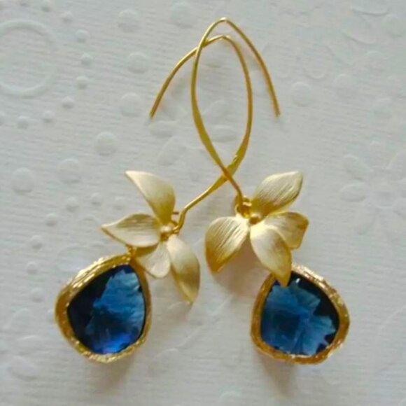Private Label Jewelry - NEW Eugenie Sapphire Blue and Gold Crystal Flower French Wire Drop Earrings